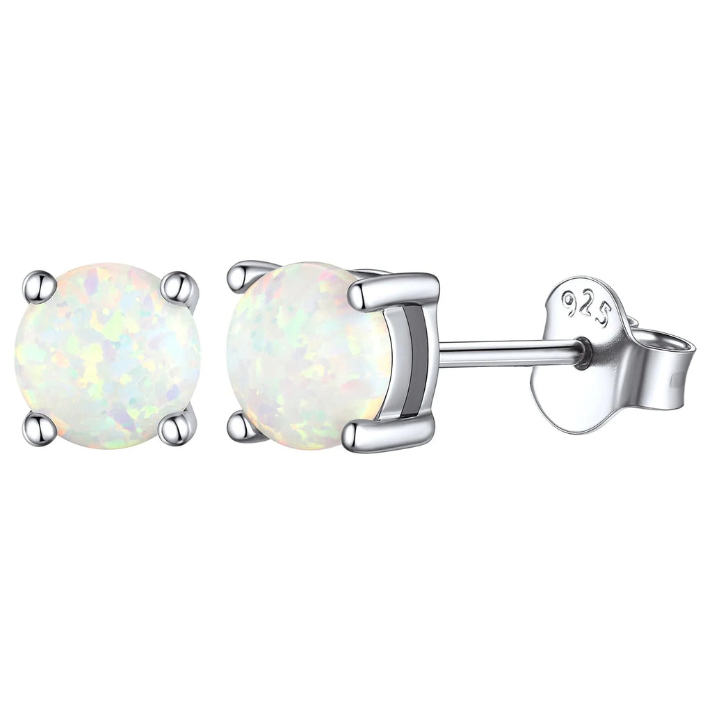 5Mm Created White Opal Stud Earrings Hypoallergenic Sterling Silver round Cut Earrings for Women October Birthstone Jewelry